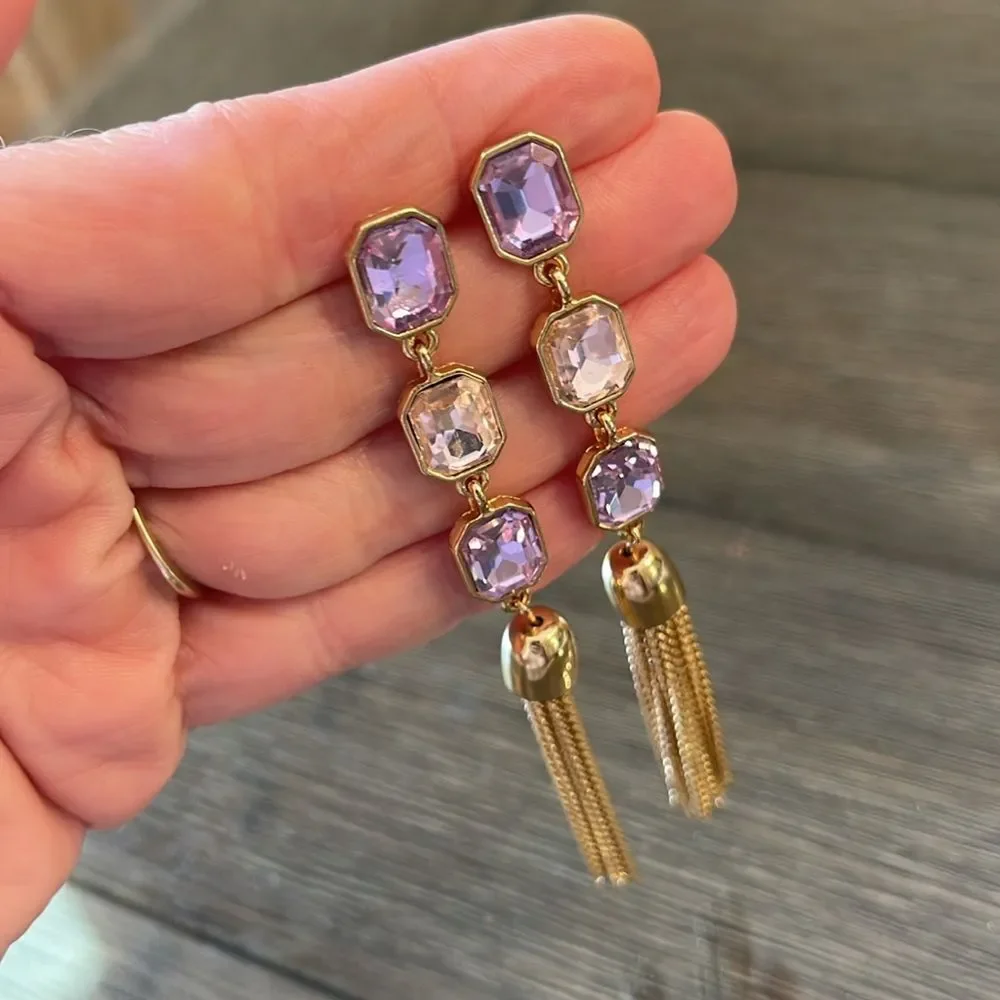 Long Dangling Pink & Purple Gold-tone Tassel Earrings